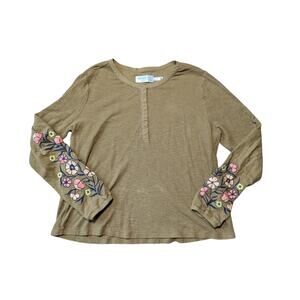 ADVENTURA Organic cotton, Embroidered floral sleeves, Olive green, size XL